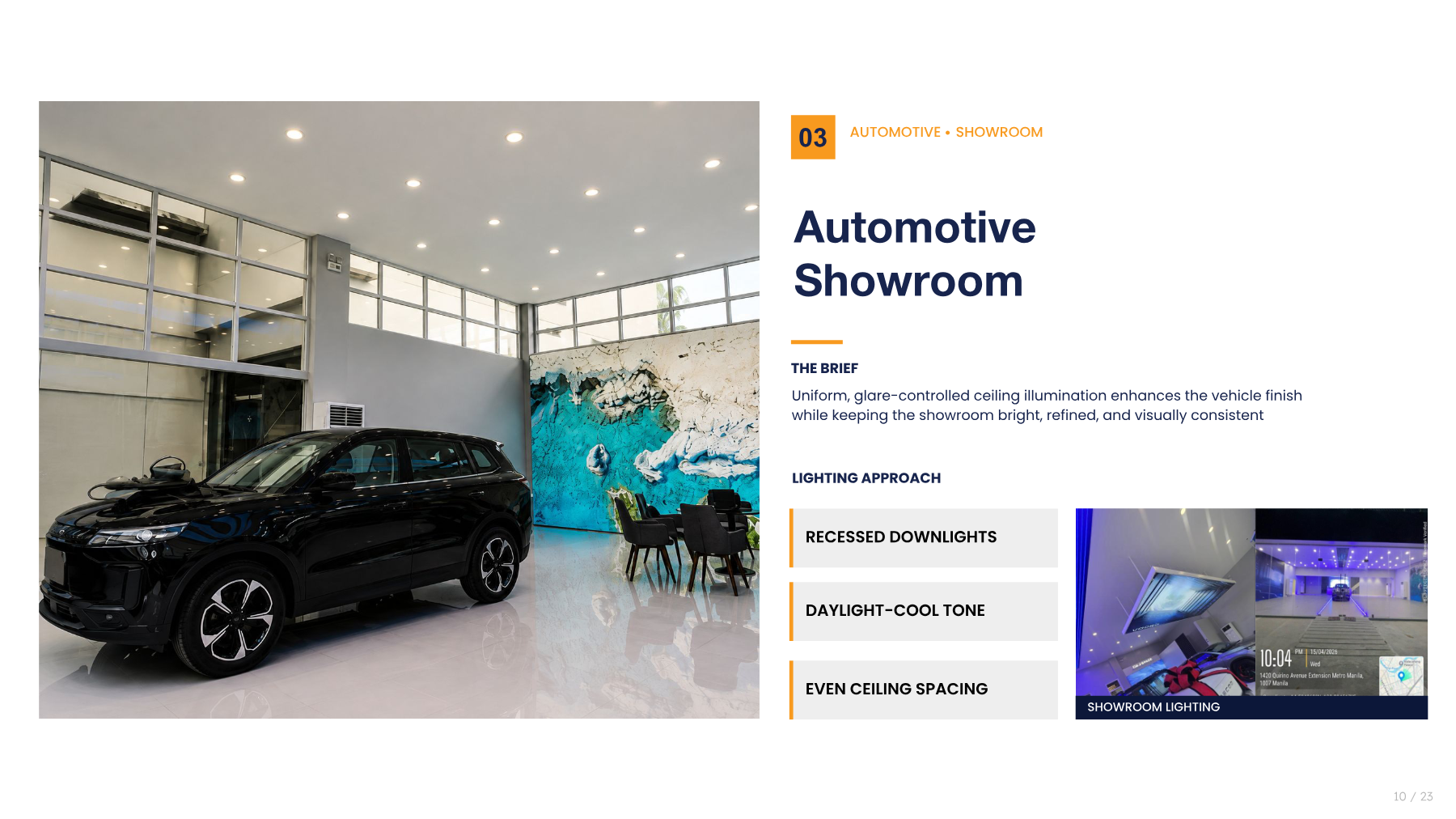 Automotive showroom recessed downlight installation