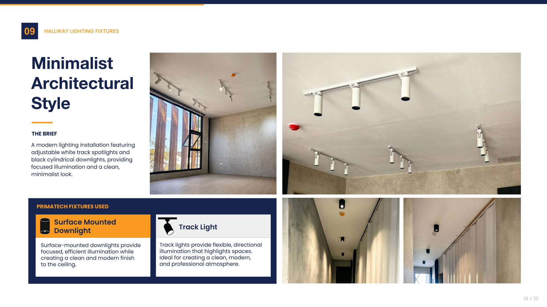 Minimalist hallway track and surface-mounted downlight installation