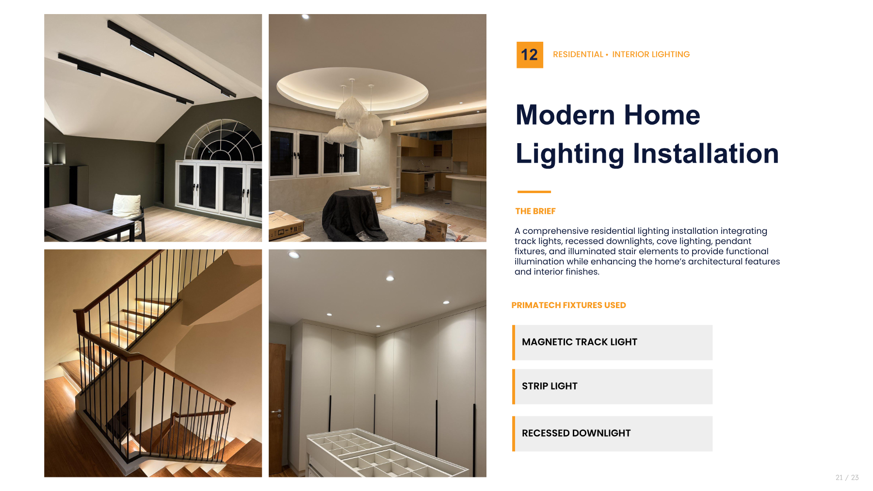 Modern home lighting installation with track, downlight, and strip fixtures