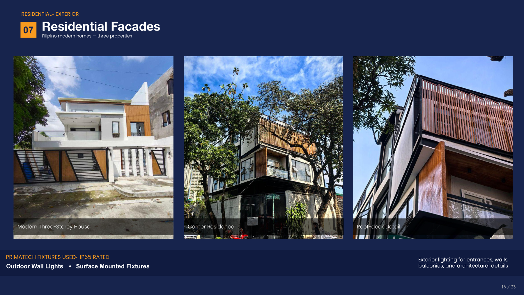 Residential facades — outdoor wall lighting on three properties